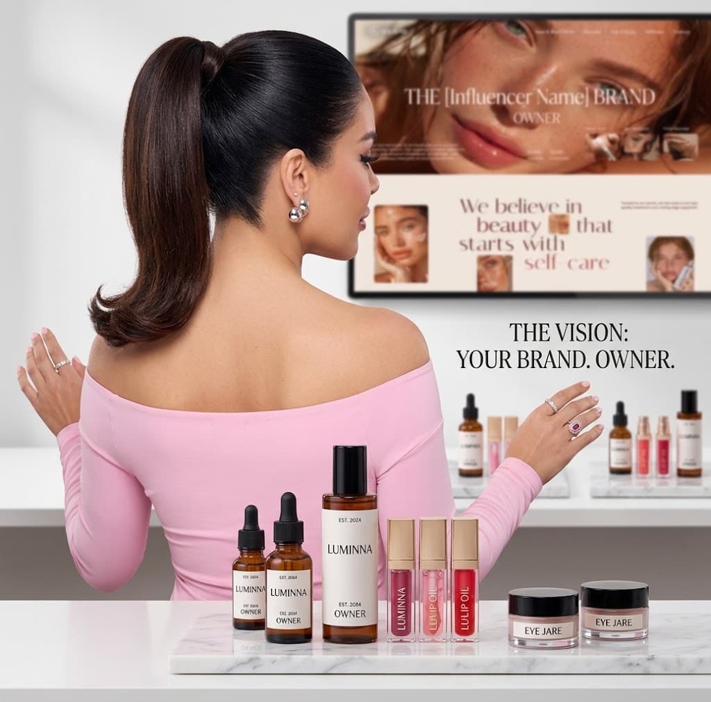 Illustrative creator-owned skincare brand with its product range and website