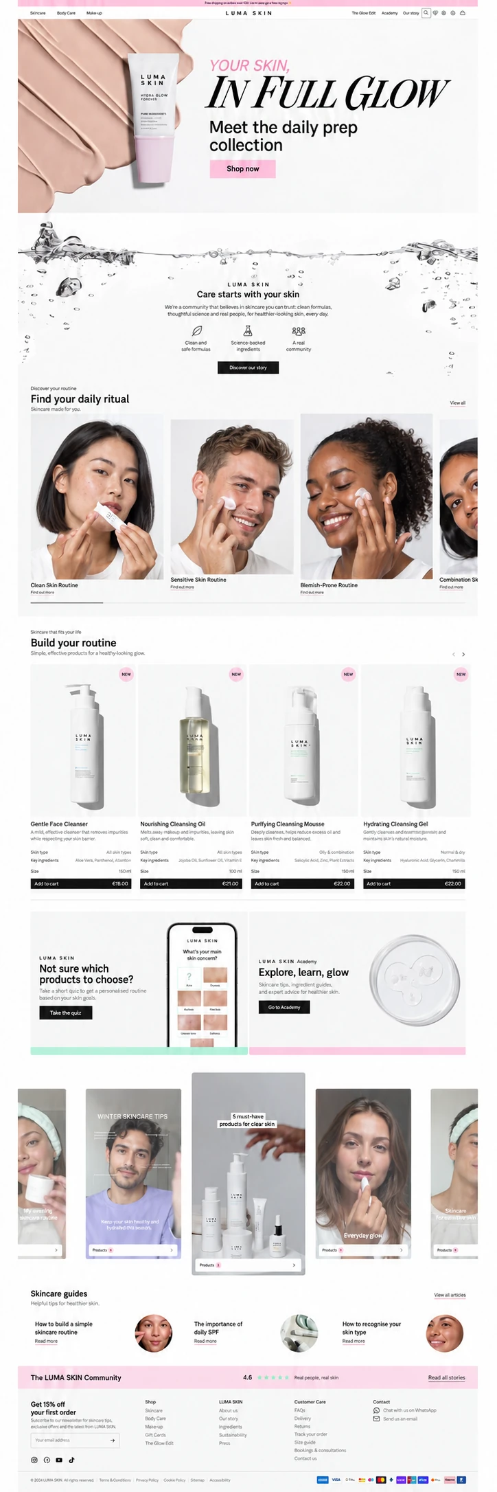 Full LUMA SKIN skincare store design with routine discovery, realistic application portraits and product details
