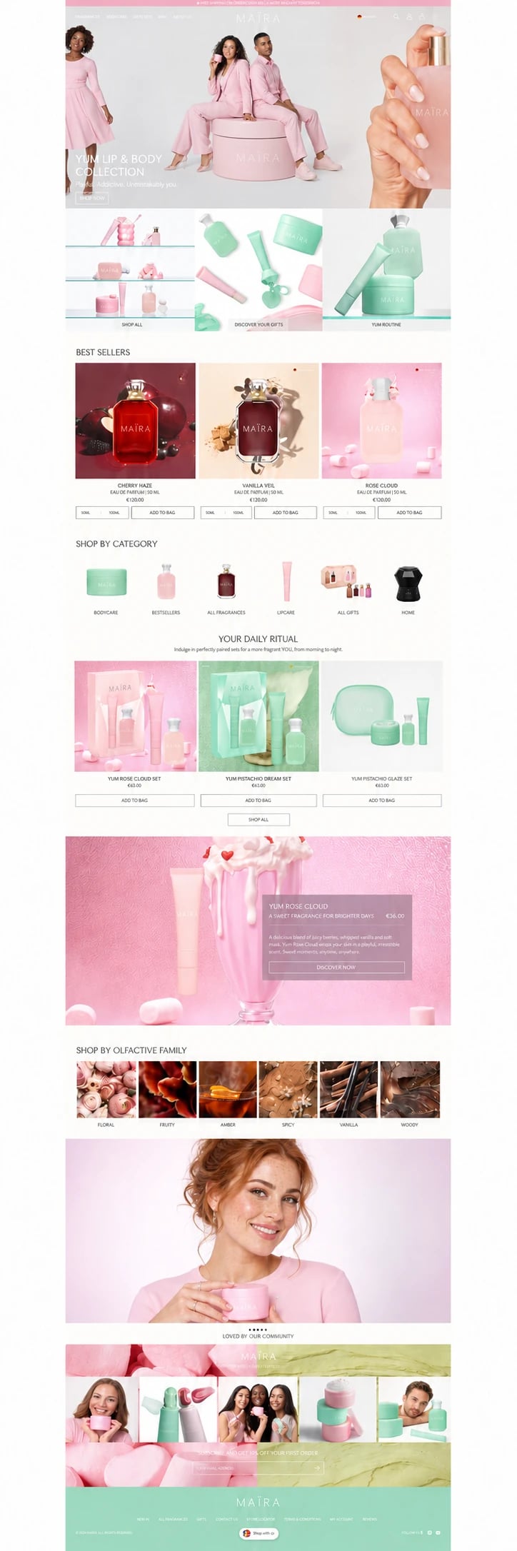 Full MAÏRA fragrance and bodycare store design with pink and mint product campaigns