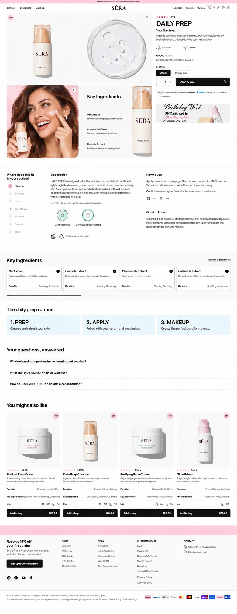 Full SÉRA Daily Prep product-page design with product photography, cream texture, routine information and related products