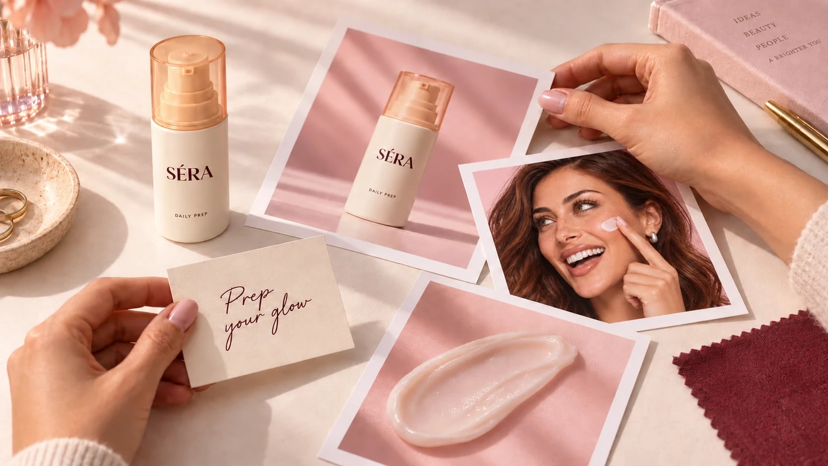 SÉRA packaging and campaign photographs on a sunlit creative desk