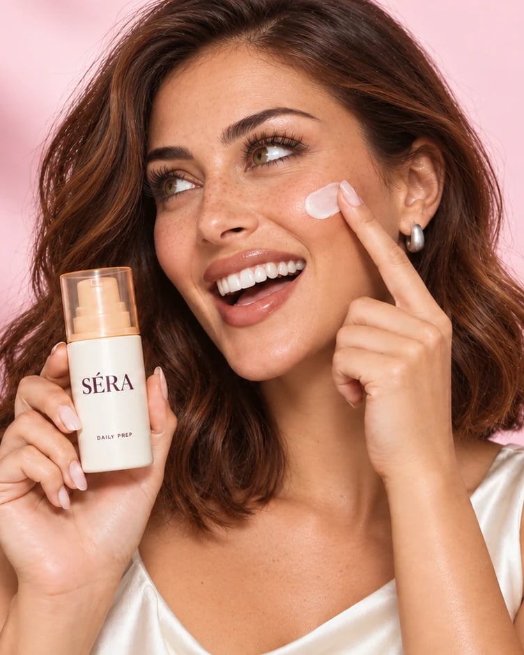 SÉRA skin-prep campaign: copper-haired model applying cream and holding the ivory Daily Prep pump bottle