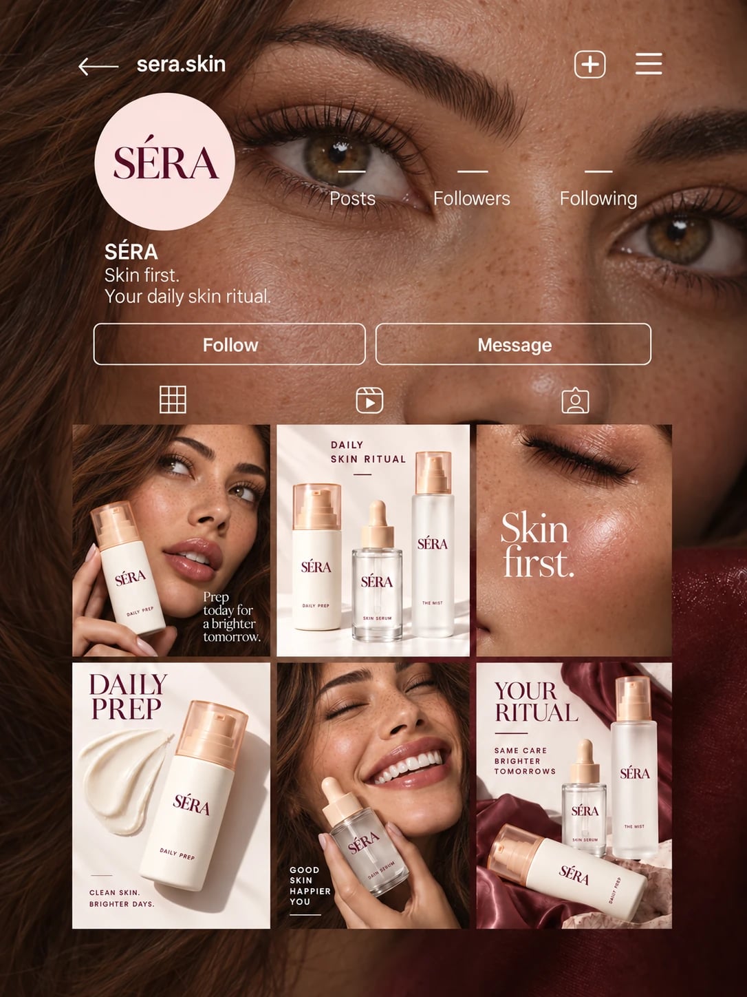 SÉRA social campaign board connecting portraits, product photography and skincare texture
